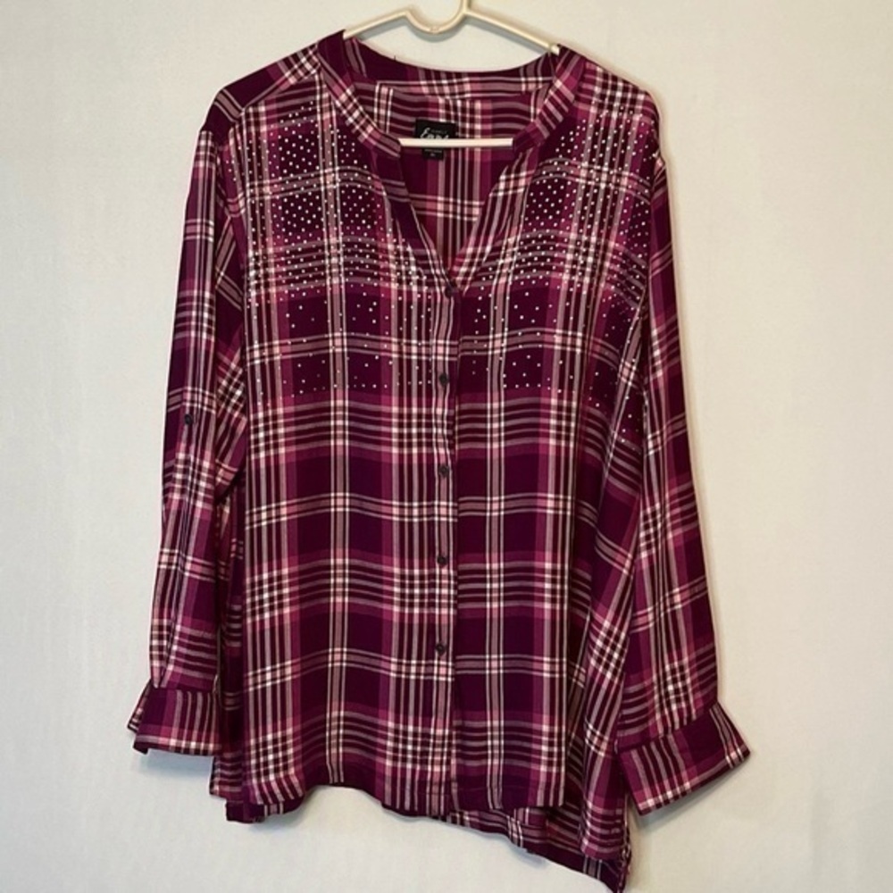 Simply Emma Flannel Shirt 2X Button Up Plaid Roll Tab Sleeve  Sparkle.